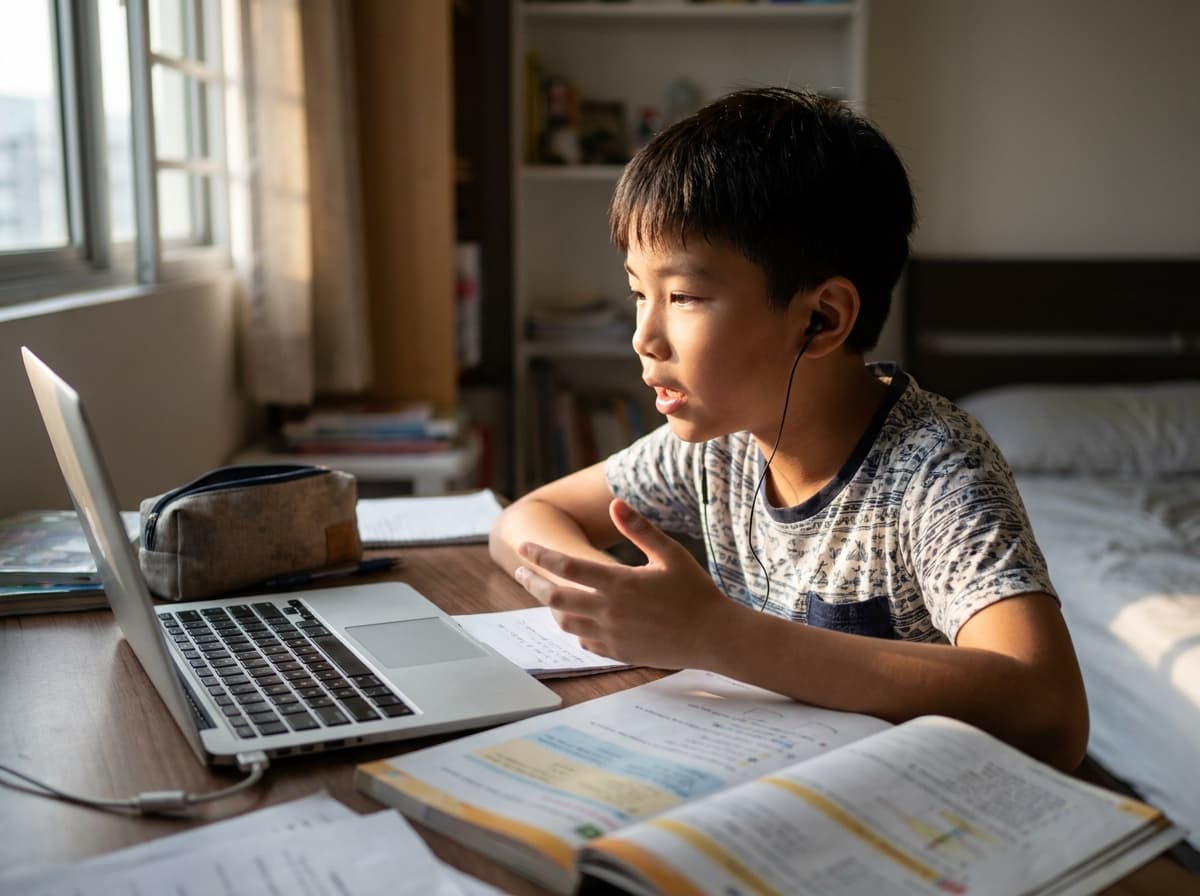 A boy at his desk answering out loud to a laptop