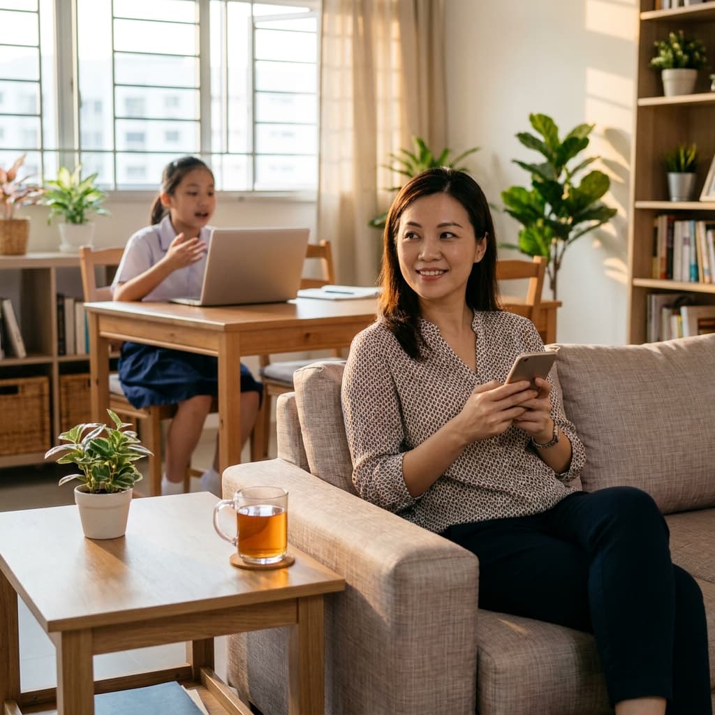 A mother relaxing on the sofa while her daughter practises speaking to a laptop at the table behind her
